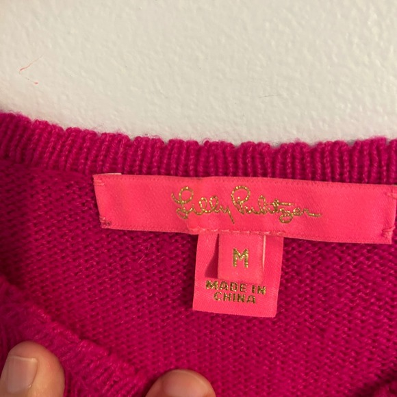 Lilly Pulitzer Pink Heart Pom Pom Sweater Puff Sleeve Knit Size M - Picture 4 of 9